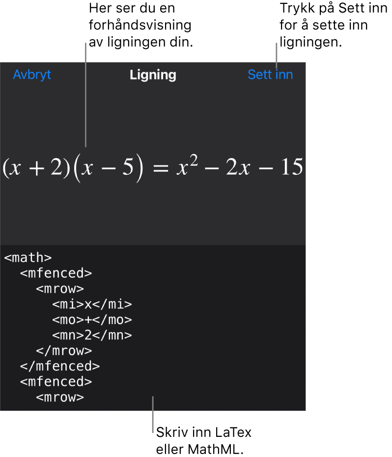 Ligning-dialogruten, som viser en formel skrevet med MathML-kommandoer, og en forhåndsvisning av formelen ovenfor.