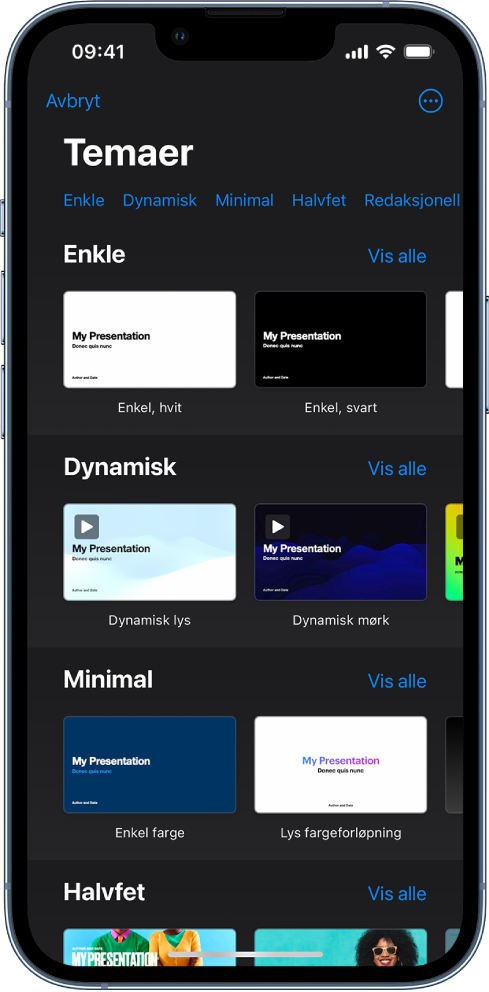  Temavelgeren med en rad med kategorier langs toppen som du kan trykke på for å filtrere alternativene. Under er miniatyrer av forhåndsdesignede temaer som er plassert i rader etter kategori.
