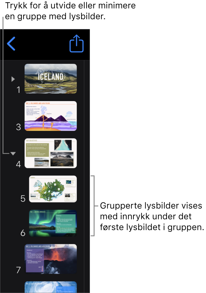 Lysbildenavigeringen, som viser innrykkede lysbilder.