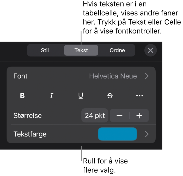 Tekstkontroller i Format-menyen for å angi avsnitts- og tegnstiler, font, størrelse og farge.