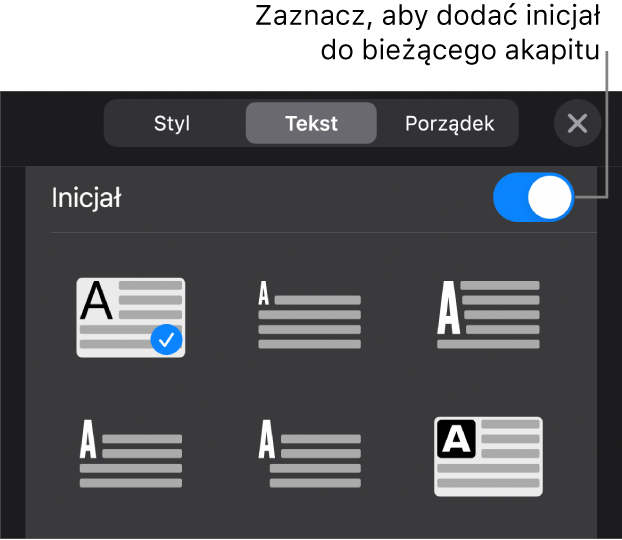 Narzędzia inicjału znajdujące się na dole menu Tekst.