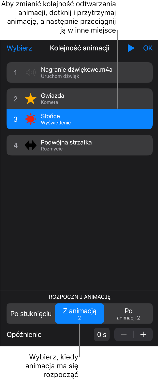 Lista kolejności animacji, zawierająca efekty wejścia oznaczone żółtymi etykietami oraz efekty wyjścia oznaczone szarymi etykietami.