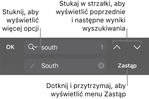 Narzędzia Znajdź i zastąp nad klawiaturą. Objaśnienia wskazują przyciski Opcje wyszukiwania, Zastąp, Do góry oraz W dół.