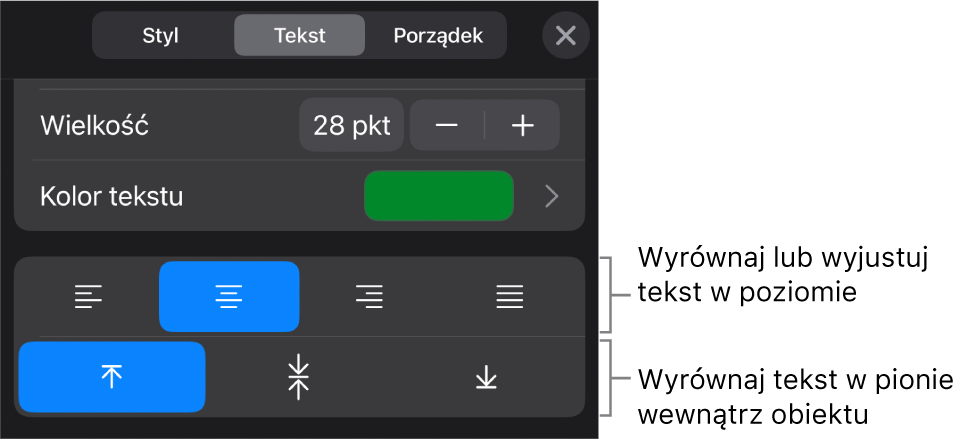 Sekcja Wyrównanie na pasku bocznym Format z opisami wskazującymi przyciski wyrównywania tekstu.