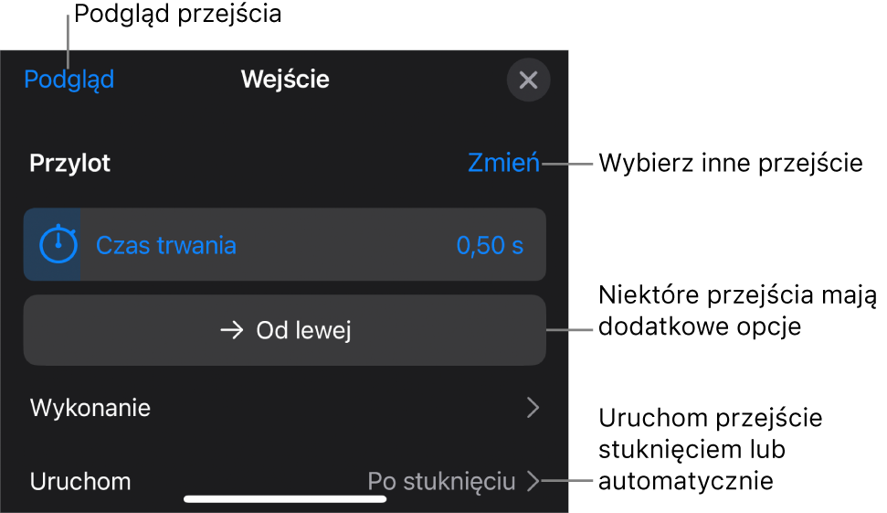 Narzędzia w panelu Opcje służące do modyfikowania przejścia.