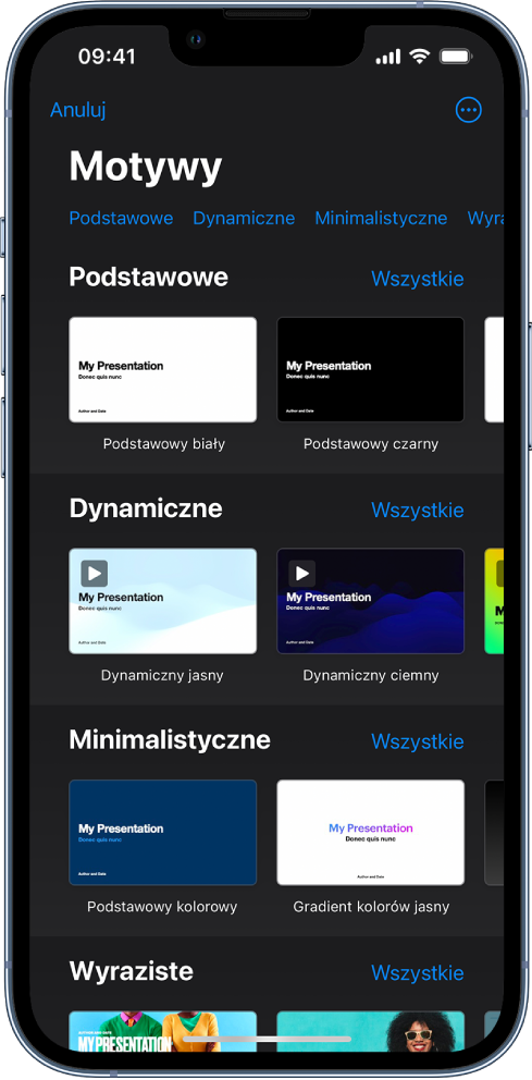  Paleta motywów z widocznym na górze wierszem kategorii, w które możesz stuknąć, aby filtrować dostępne motywy. Poniżej widoczne są miniaturki gotowych motywów uporządkowane wierszami według kategorii.