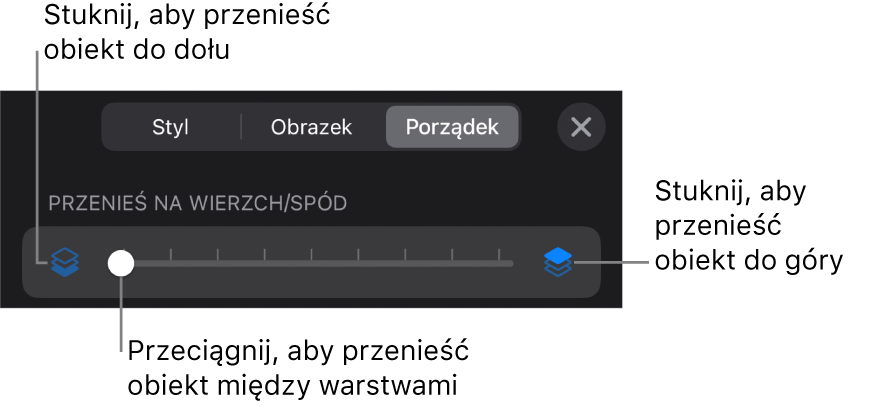 Przycisk przenoszenia niżej, przycisk przenoszenia wyżej i suwak warstw.