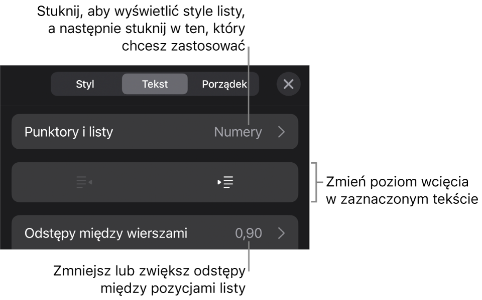 Sekcja Punktory i listy w narzędziach Format. Objaśnienia wskazują przyciski Punktory i listy, Wysunięcie oraz Wcięcie, a także narzędzia odstępów między wierszami.