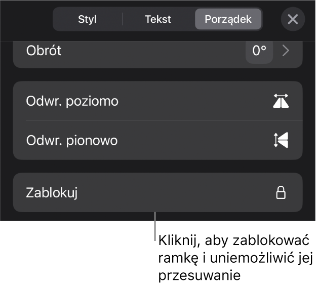 Narzędzia Uporządkuj w menu Format z wyróżnionym przyciskiem Blokuj.