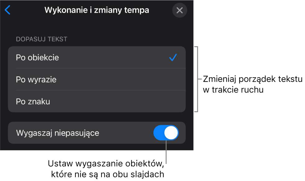 Opcje wykonania oraz zmiany tempa Magicznego przejścia w panelu Zmiany tempa.