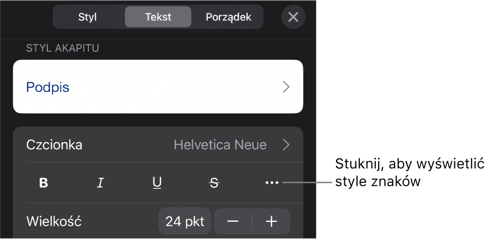 Narzędzia formatowania. Na samej górze widoczne są style akapitu, a poniżej znajdują się narzędzia czcionki. Pod narzędziami czcionki widoczne są przyciski Pogrubienie, Kursywa, Podkreślenie, Przekreślenie oraz Więcej opcji tekstu.