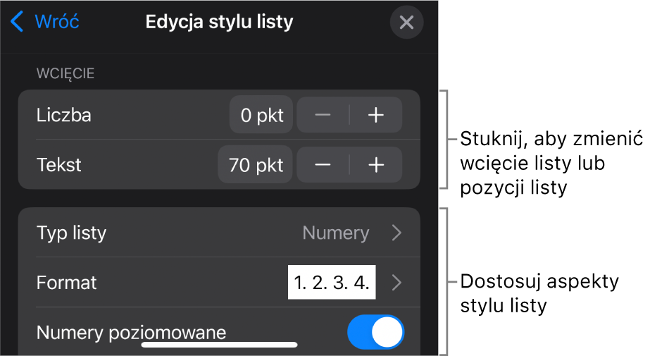 Menu Edycja stylu listy z narzędziami umożliwiającymi edycję typu i wyglądu listy.