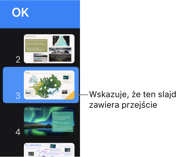 Żółty trójkąt na slajdzie wskazuje, że do slajdu dodane zostało przejście.
