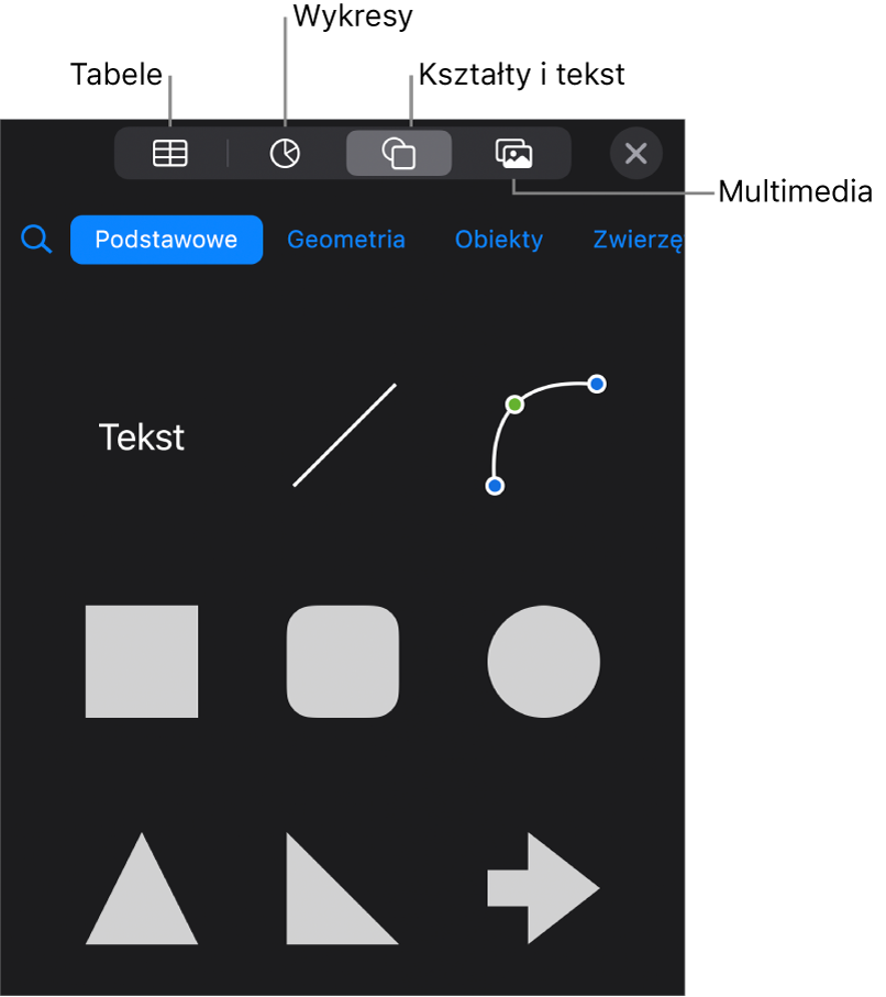 Narzędzia do dodawania obiektu; na górze widoczne są przyciski pozwalające wybrać tabele, wykresy, kształty (w tym linie i pola tekstowe) oraz multimedia.