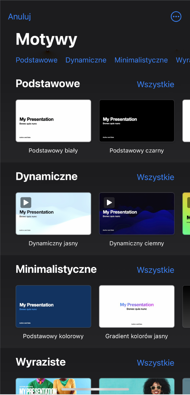 Paleta motywów z widocznym na górze wierszem kategorii, w które możesz stuknąć, aby filtrować dostępne motywy. Poniżej widoczne są miniaturki gotowych motywów uporządkowane wierszami według kategorii.