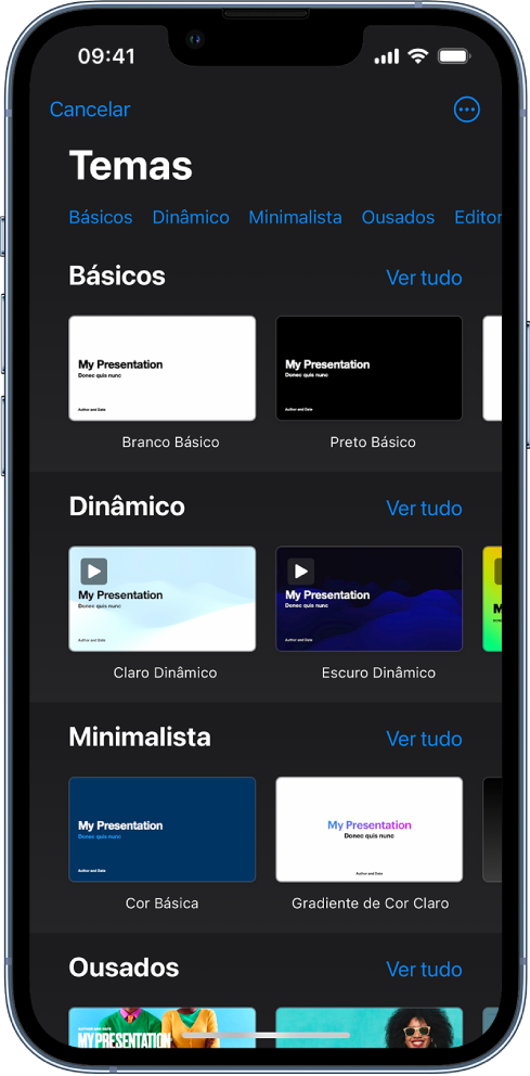  Seletor de temas, mostrando uma linha de categorias na parte superior na qual você pode tocar para filtrar as opções. Abaixo estão miniaturas de temas predefinidos organizados em linhas por categoria.