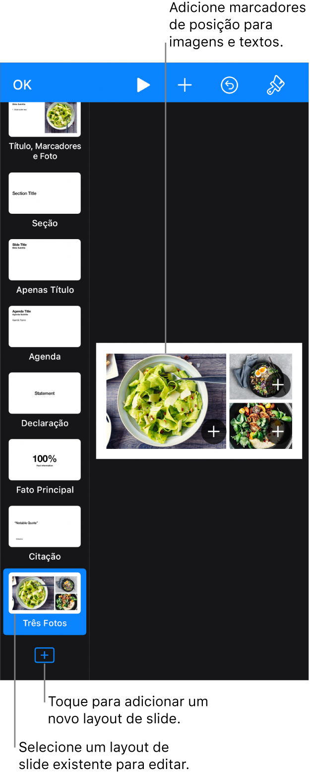 Um layout de slide exibido na tela de slides, com o botão “Adicionar um Layout de Slide” na parte inferior do navegador de slides.