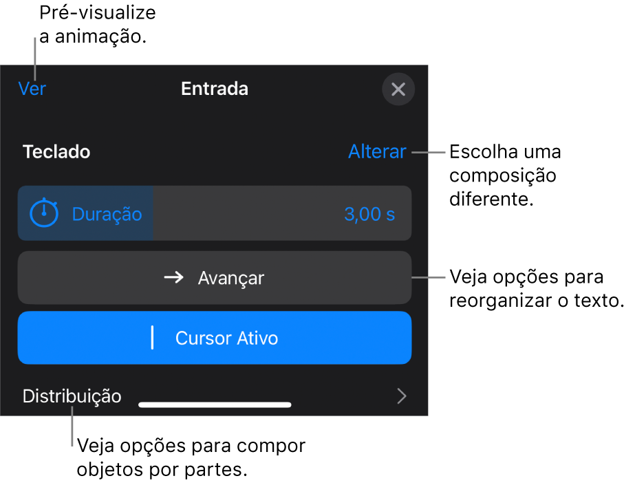 Entre as opções de composição estão Duração, Animação do Texto e Distribuição. Toque em Alteração para escolher uma composição diferente ou toque em Pré-visualizar para pré-visualizá-la.