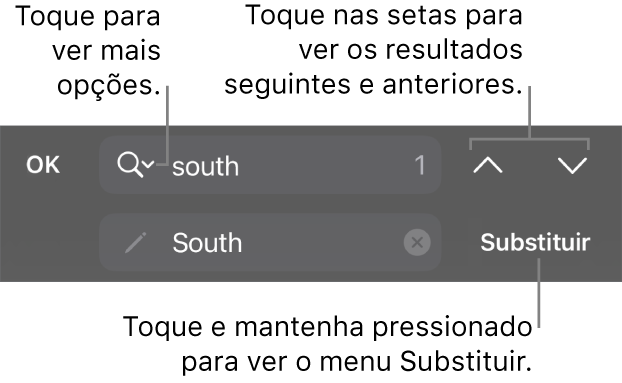 Os controles em Buscar e Substituir acima do teclado, com chamadas para os botões Opções de Busca, Substituir, Ir para Cima e Ir para Baixo.
