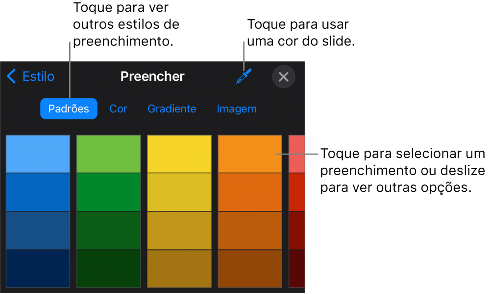 Opções de preenchimento na aba Estilo.