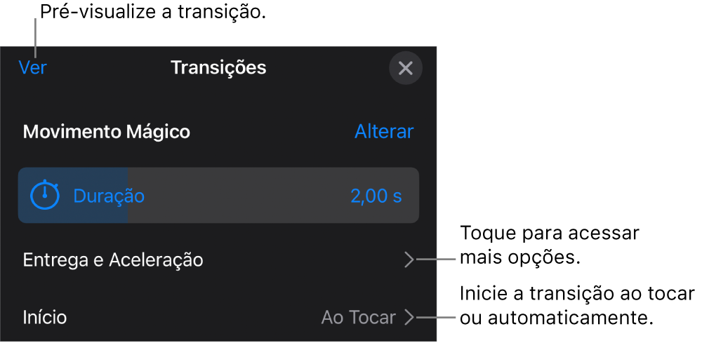 Controles de Movimento Mágico no painel Transições.