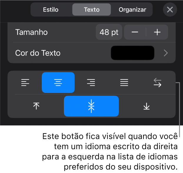 Controles de texto no menu Formatar com uma chamada para o botão da Direita para a Esquerda.