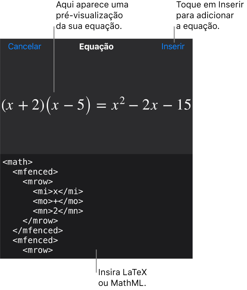 O diálogo de Equação, mostrando uma equação escrita com comandos MathML e uma pré-visualização da fórmula acima.