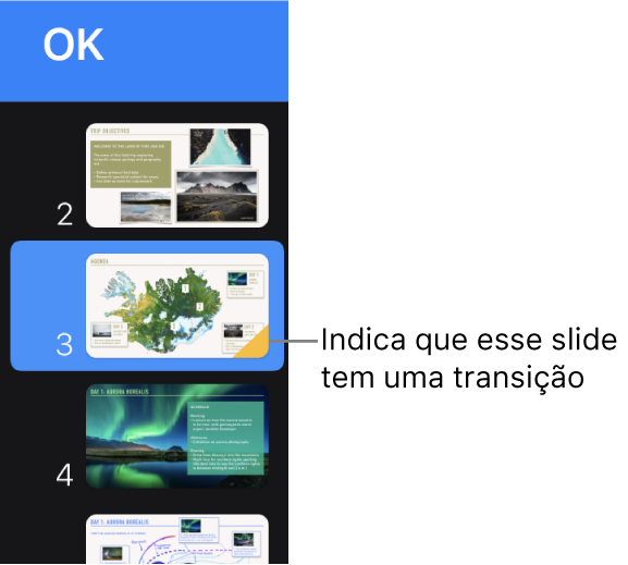 Um triângulo amarelo em um slide indica que o slide tem uma transição.