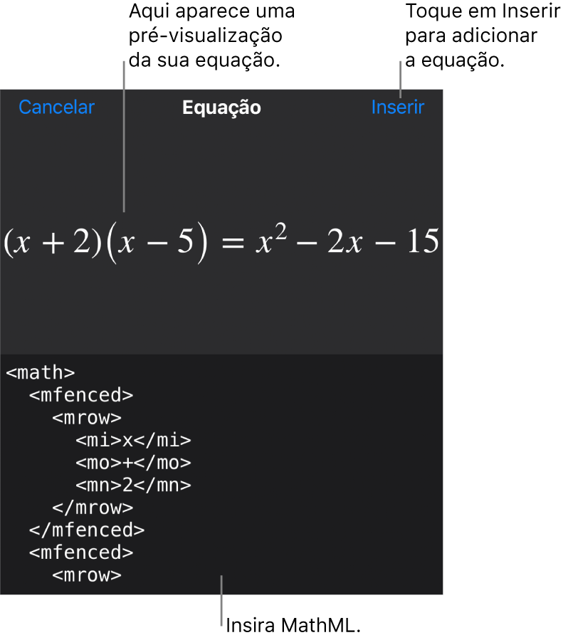 O diálogo de Equação, mostrando uma equação escrita com comandos MathML e uma pré-visualização da fórmula acima.