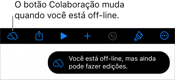 Os botões na parte superior da tela com o botão Colaboração transformado em uma nuvem com uma linha diagonal sobre ela. Alerta na tela informando que “Você está off-line, mas ainda pode fazer edições.”