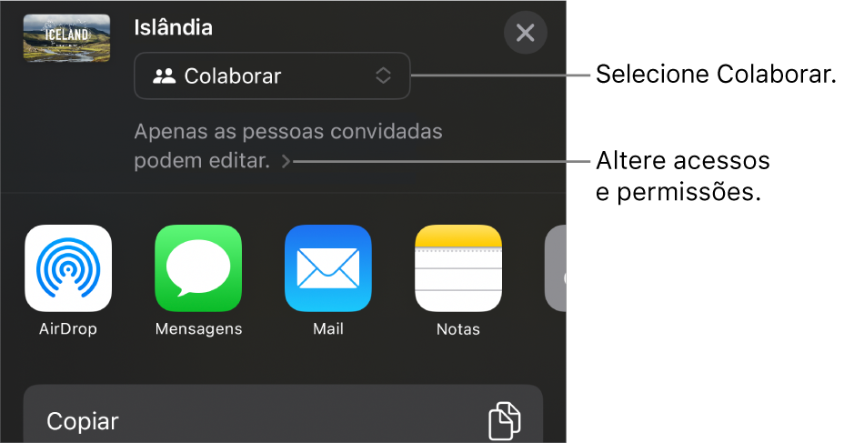 Menu Compartilhar com Colaborar selecionado na parte superior e os ajustes de acesso e permissão abaixo.