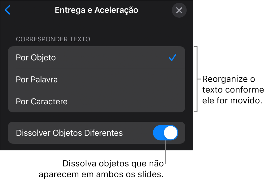 Opções de entrega e aceleração do Movimento Mágico no painel Aceleração.