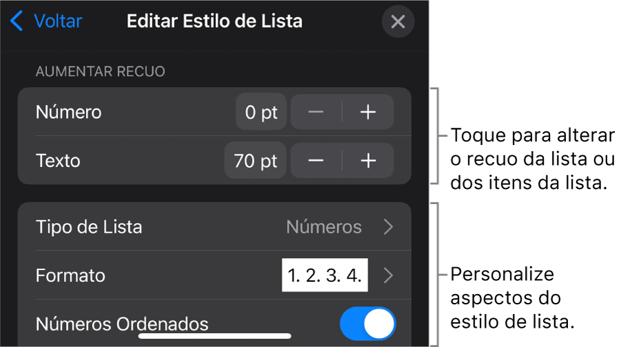 Menu de “Editar Estilo de Lista” com controles para editar o tipo e a aparência da lista.