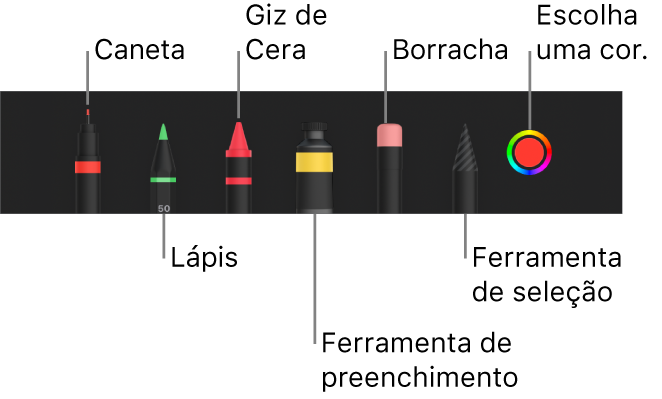 Barra de ferramentas de desenho com caneta, lápis, giz de cera, ferramenta de preenchimento, borracha, ferramenta de seleção e quadro de cores mostrando a cor atual.
