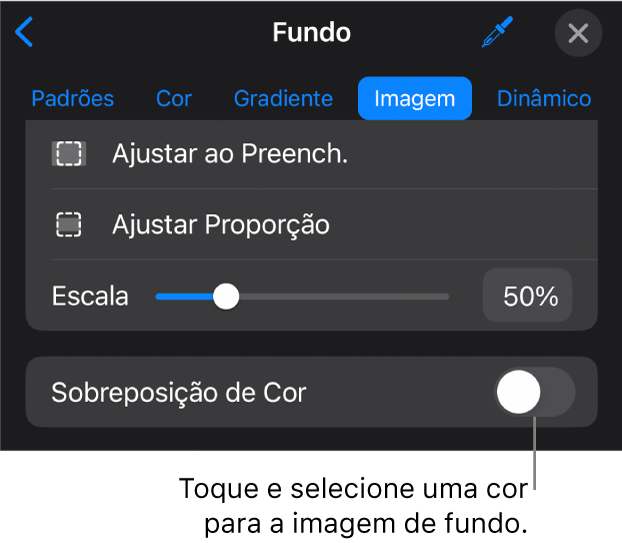 Controles de Fundo com uma imagem definida como fundo do slide e o controle “Sobreposição de Cor” na parte inferior.