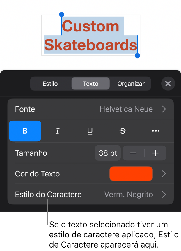 Os controles de formatação de texto com “Estilo de Caractere” abaixo dos controles de cor. O estilo de caractere Nenhum aparece com um asterisco.