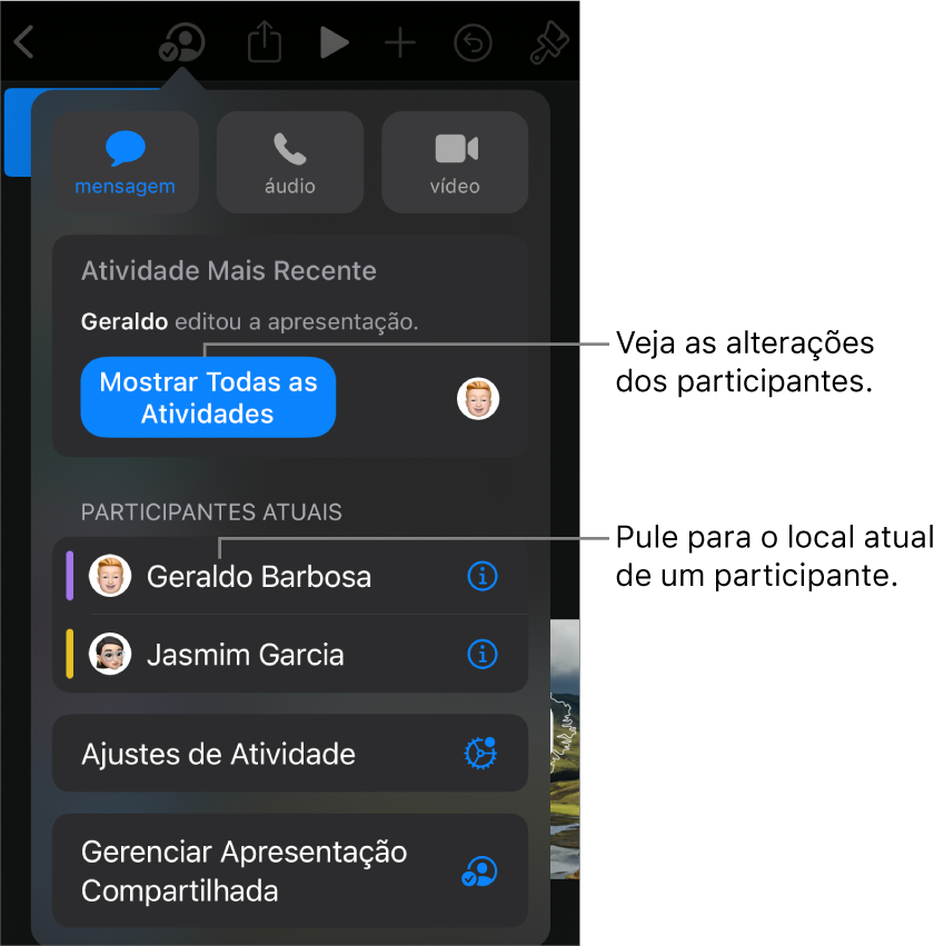 Menu de colaboração com participantes atuais listados.