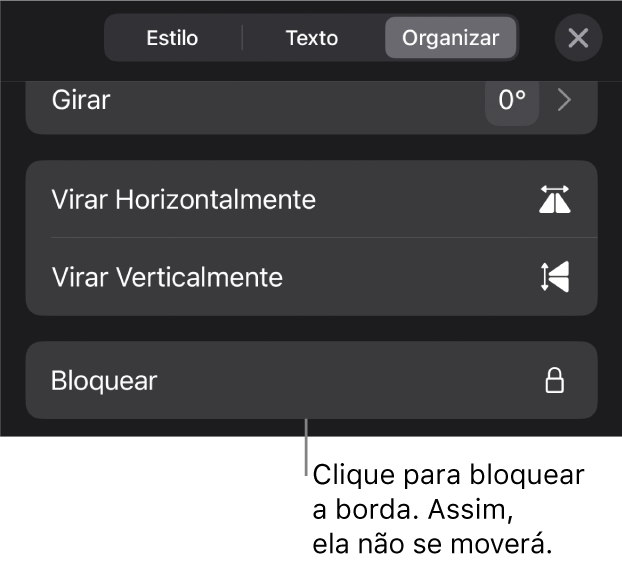 Controles de Organizar no menu Formatar, com o botão Bloquear destacado.