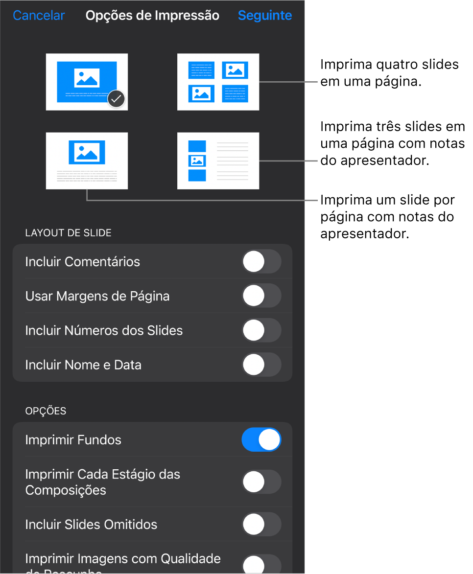 Opções de layout de impressão.