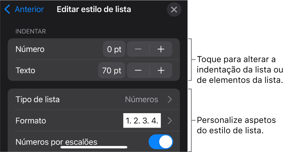 O menu “Editar estilo de lista” com controlos para edição do tipo e aspeto da lista.
