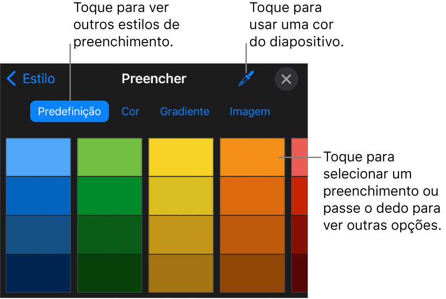 Opções de preenchimento no separador Estilo.
