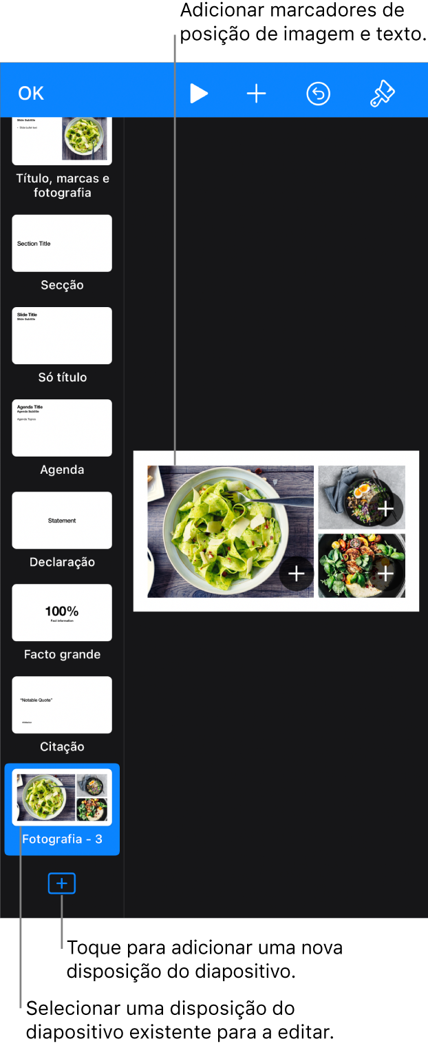Uma disposição de diapositivo visível no fundo do diapositivo, com o botão Adicionar disposição do diapositivo na parte inferior do navegador de diapositivos.