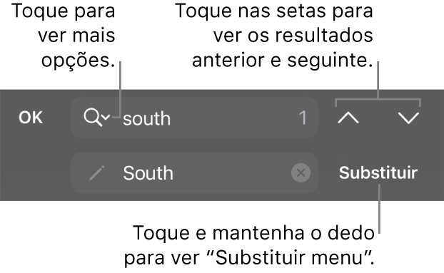 Os controlos “Procurar e substituir” acima do teclado com chamadas para os botões “Opções de pesquisa”, “Substituir”, “Ir para cima” e “Ir para baixo”.