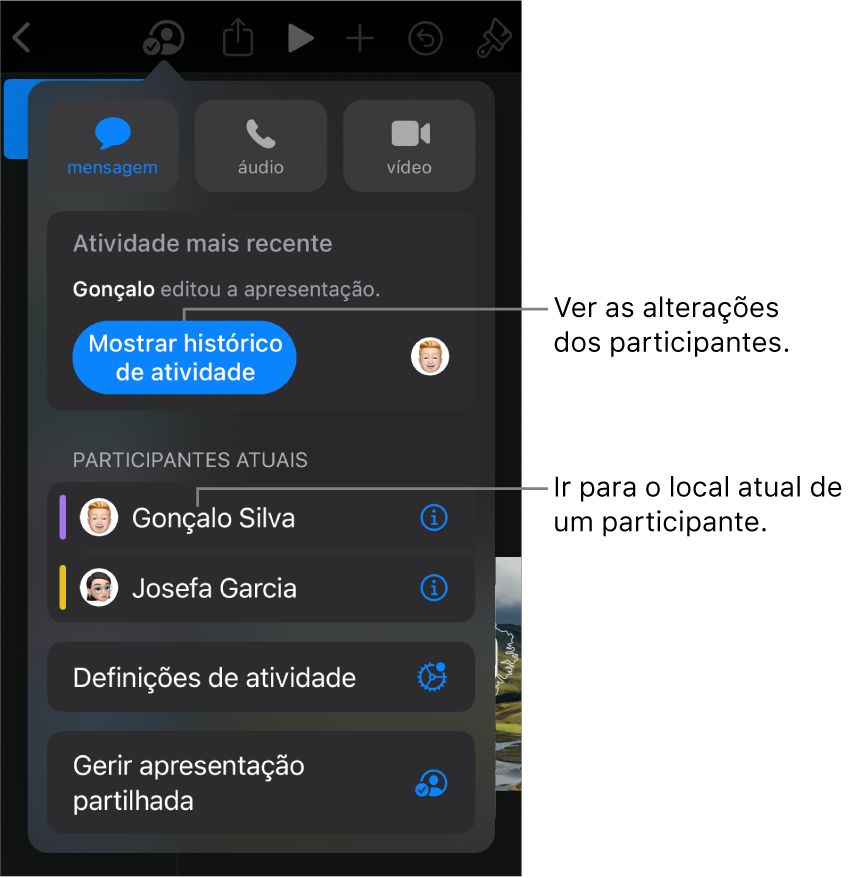 O menu de colaboração com os participantes atuais listados.