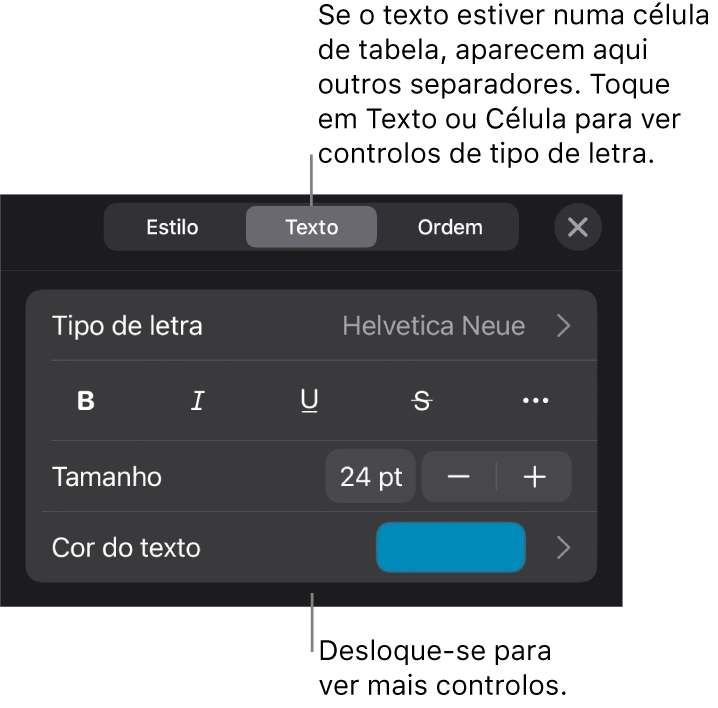 Controlos de texto no menu Formatação para definir estilos de parágrafo e carácter, tipo de letra, tamanho e cor.