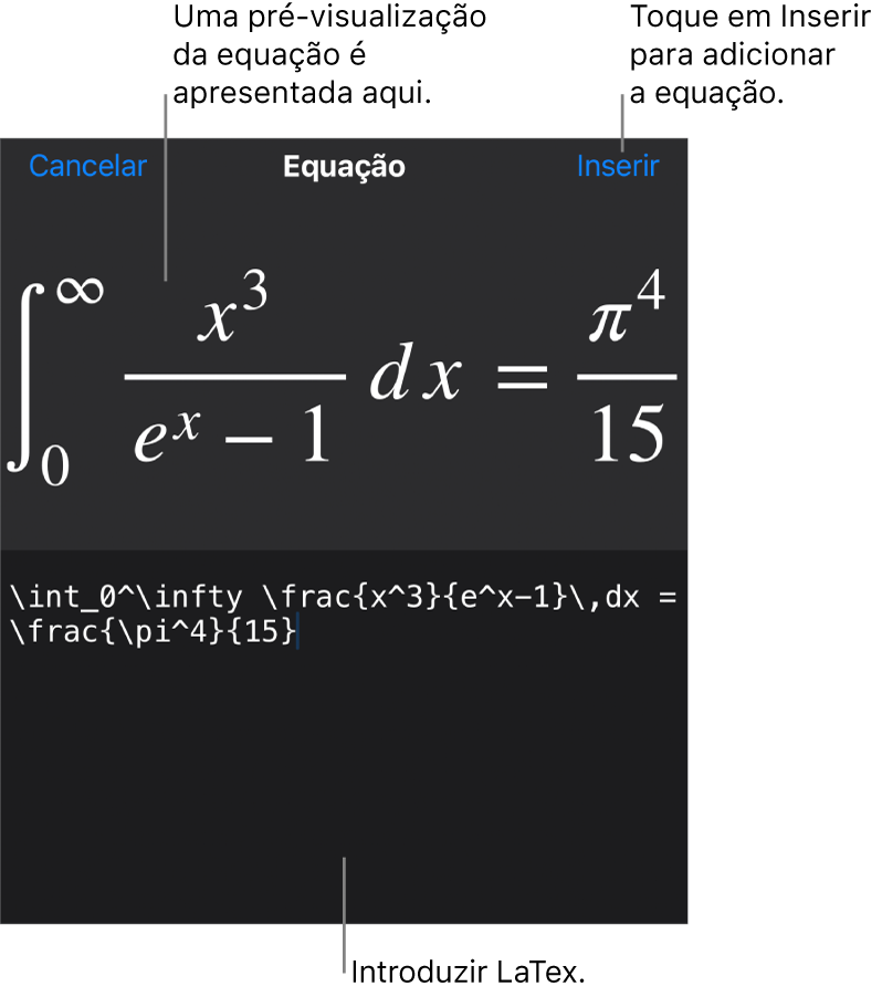 A caixa de diálogo “Equação”, apresentando uma equação escrita com recurso aos comandos LaTeX e uma pré-visualização da fórmula em cima.