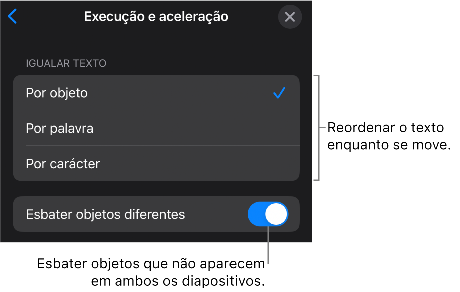 Opões de execução e aceleração do “Movimento mágico” no painel Aceleração.