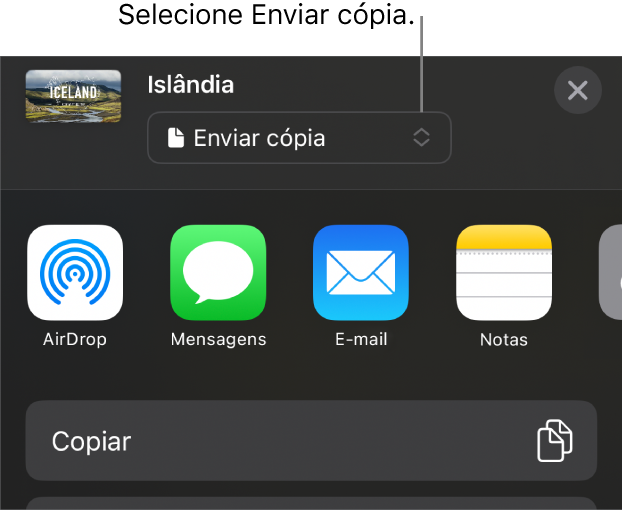 O menu Partilha com “Enviar cópia” selecionada na parte superior.