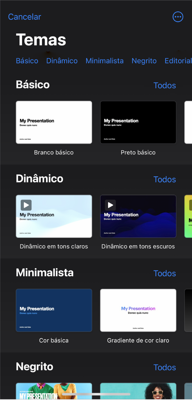 A lista de temas com uma linha de categorias visível na parte superior, na qual é possível tocar para filtrar as opções. Por baixo encontram-se as miniaturas de temas preconcebidos organizados em linhas por categoria.