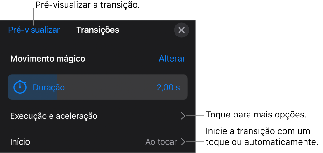 Controlos do “Movimento mágico” no painel Transições.